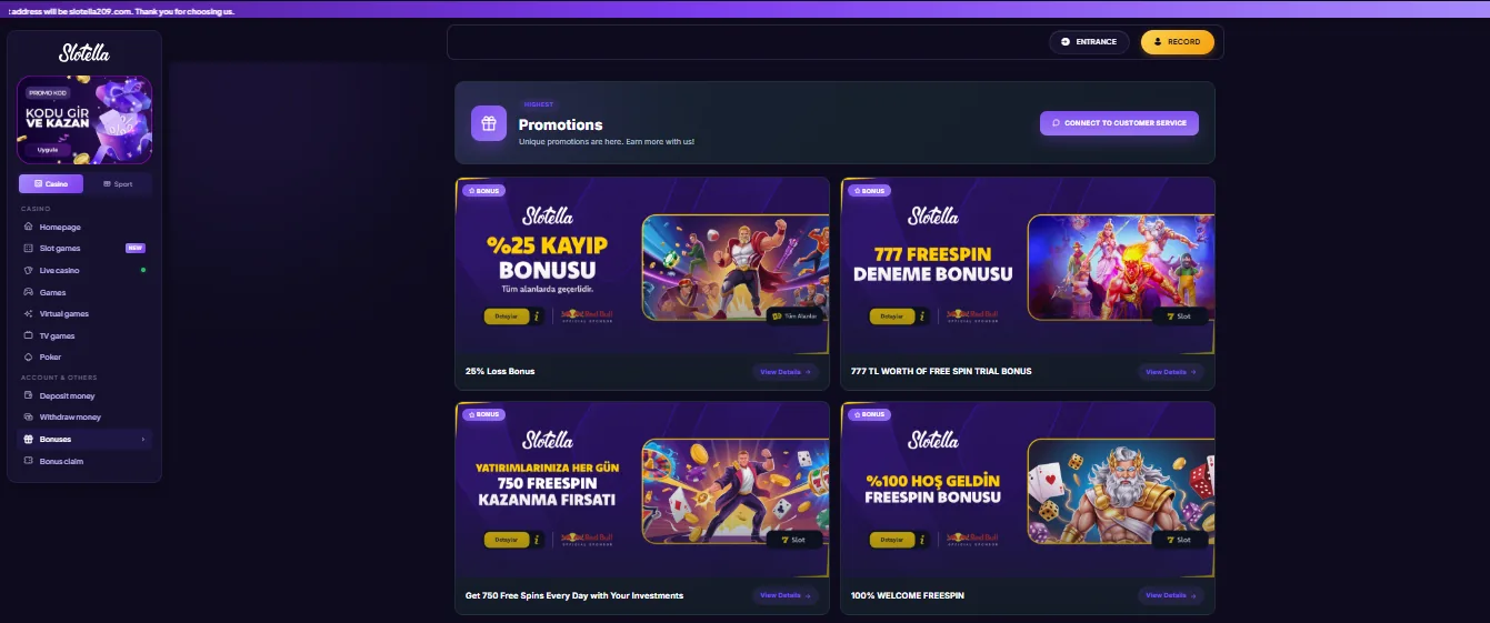 Screenshot of Slotella Casino's welcome bonus offer