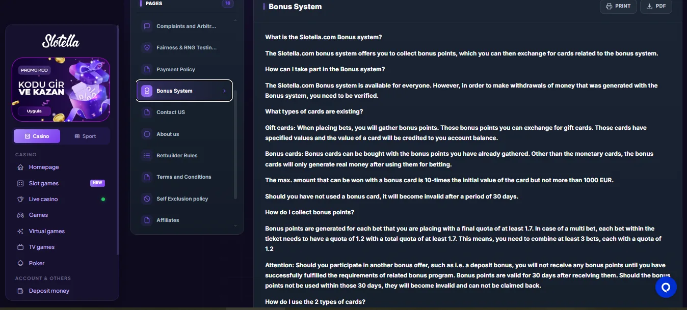 Screenshot of Slotella Casino's bonus terms and wagering requirements