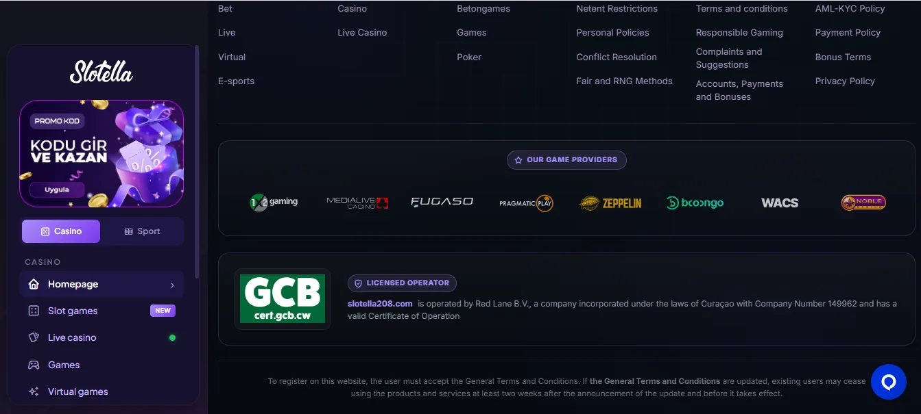 Screenshot of Slotella Casino's footer licence and regulator details