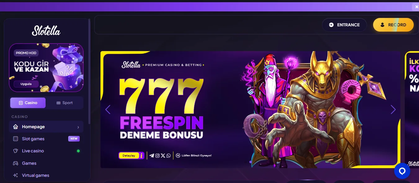 Screenshot of Slotella Casino's homepage