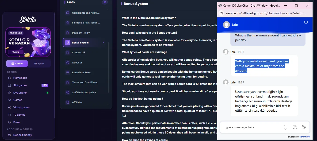 Screenshot of Slotella Casino's live chat support window