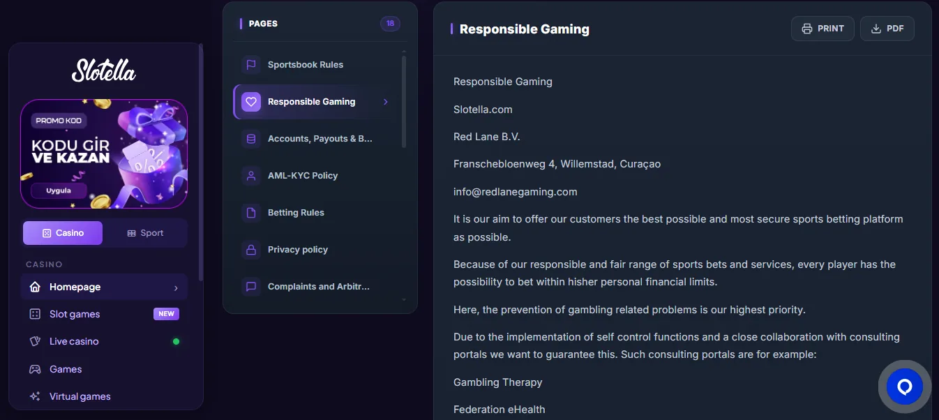 Screenshot of Slotella Casino's responsible-gambling tools