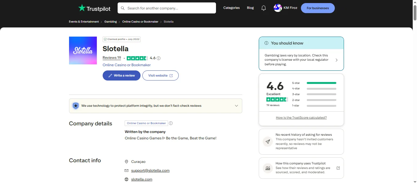 Screenshot of Slotella Casino's Trustpilot rating overview