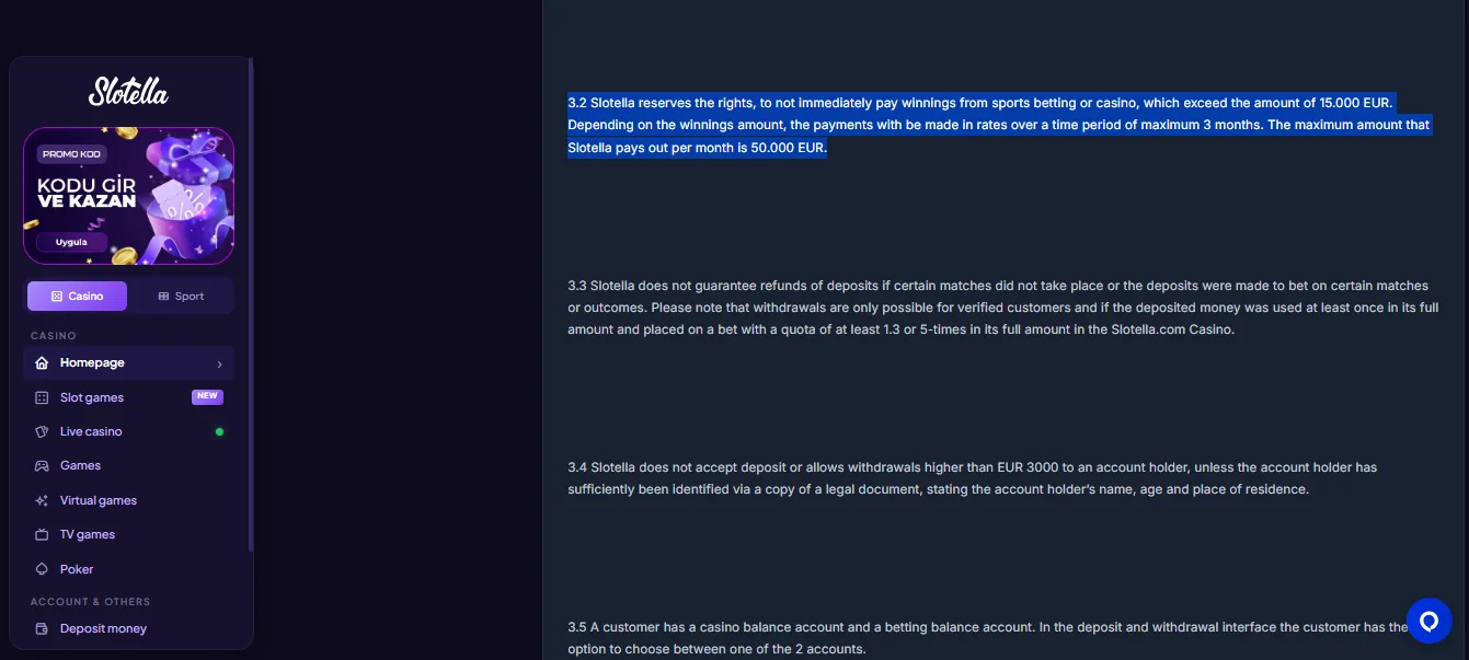 Screenshot of Slotella Casino's withdrawal section and limits