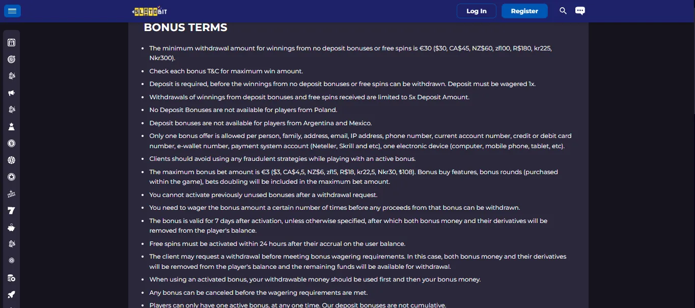 Screenshot of SolotoBit Casino's bonus terms and wagering requirements