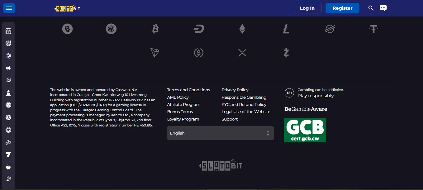 Screenshot of SolotoBit Casino's footer licence and regulator details