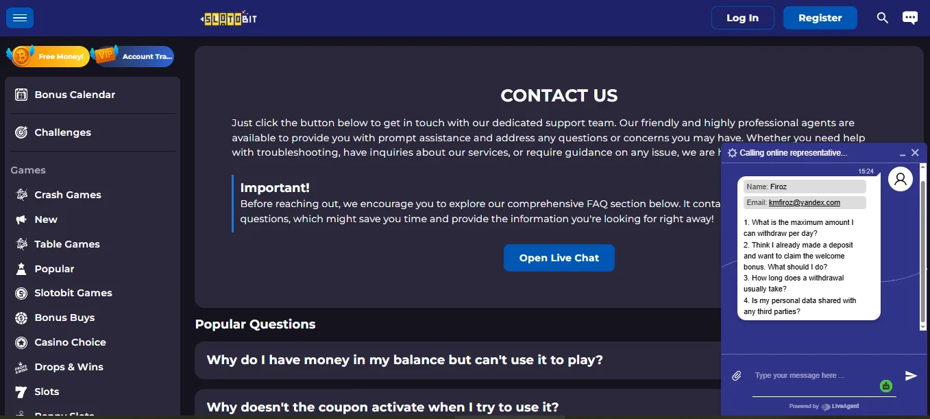 Screenshot of SolotoBit Casino's live chat support window