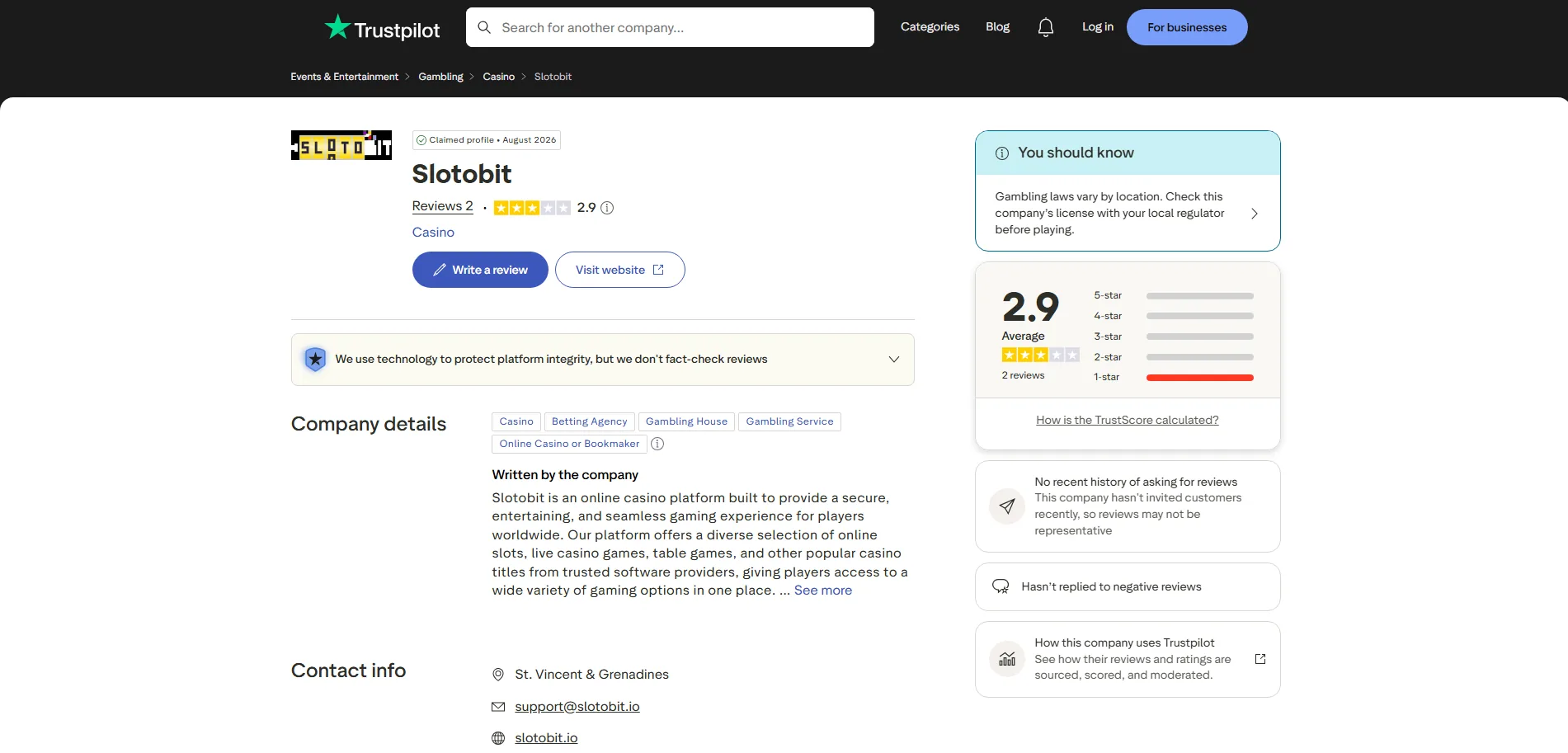Screenshot of SolotoBit Casino's Trustpilot rating overview
