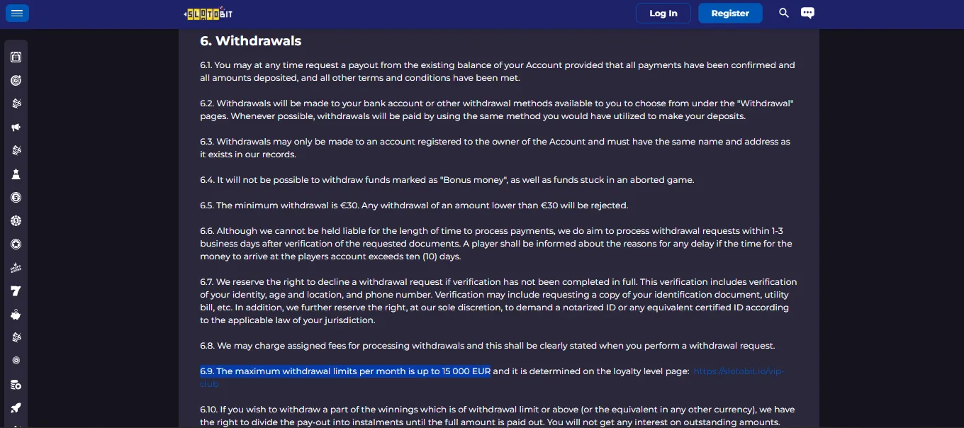 Screenshot of SolotoBit Casino's withdrawal section and limits