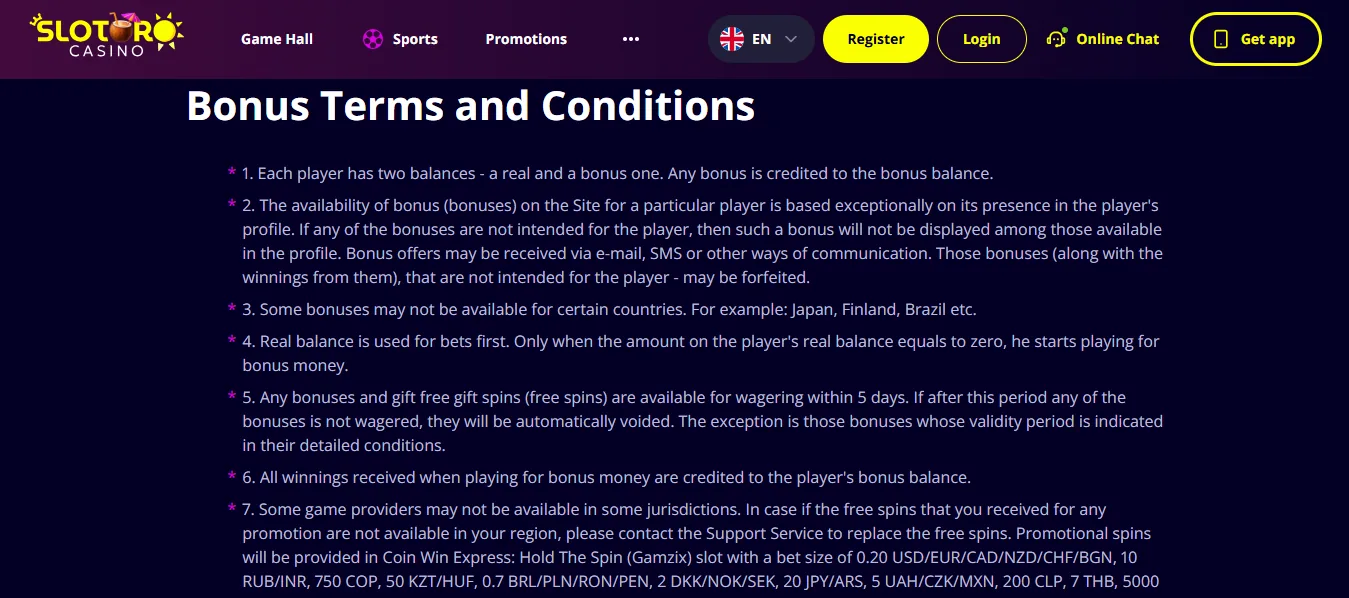 Screenshot of Slotoro's bonus terms and wagering requirements