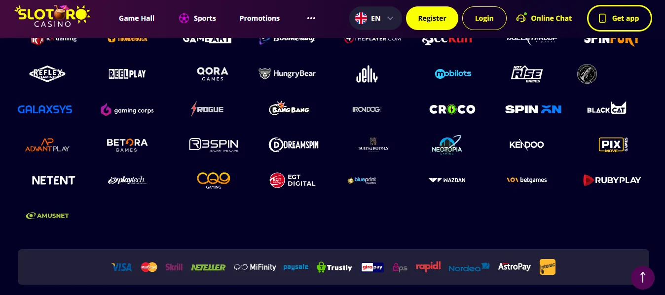 Screenshot of Slotoro's cashier and payment methods