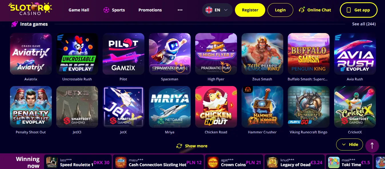 Screenshot of Slotoro's games lobby