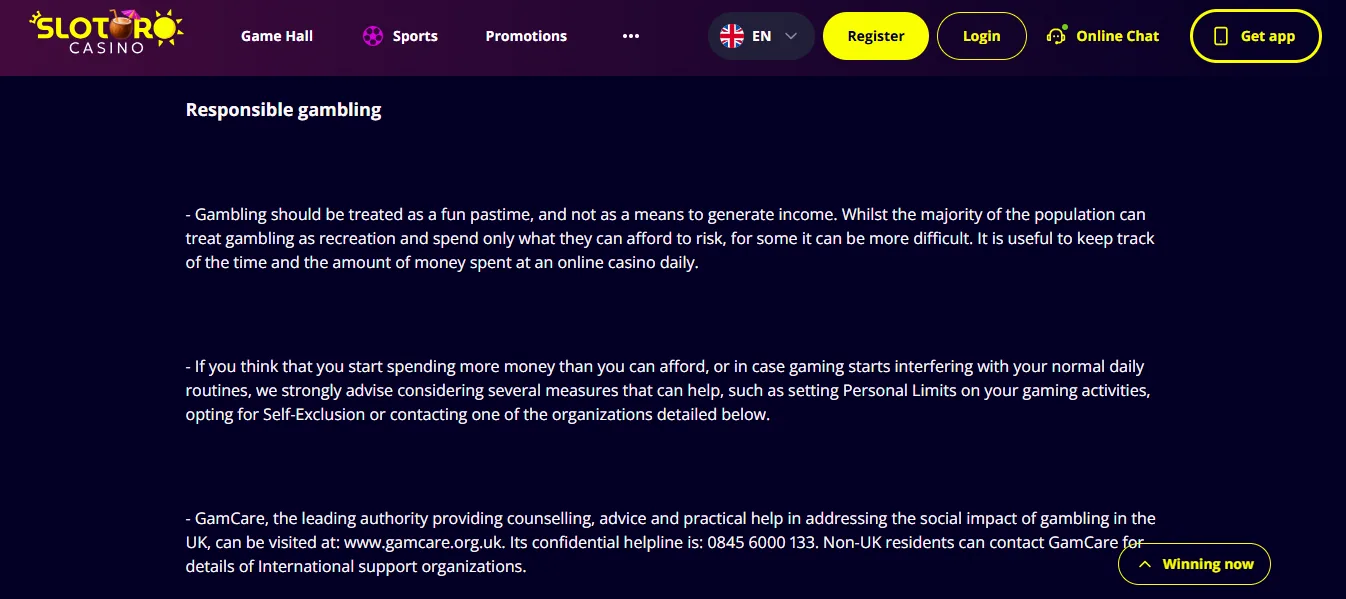 Screenshot of Slotoro's responsible-gambling tools