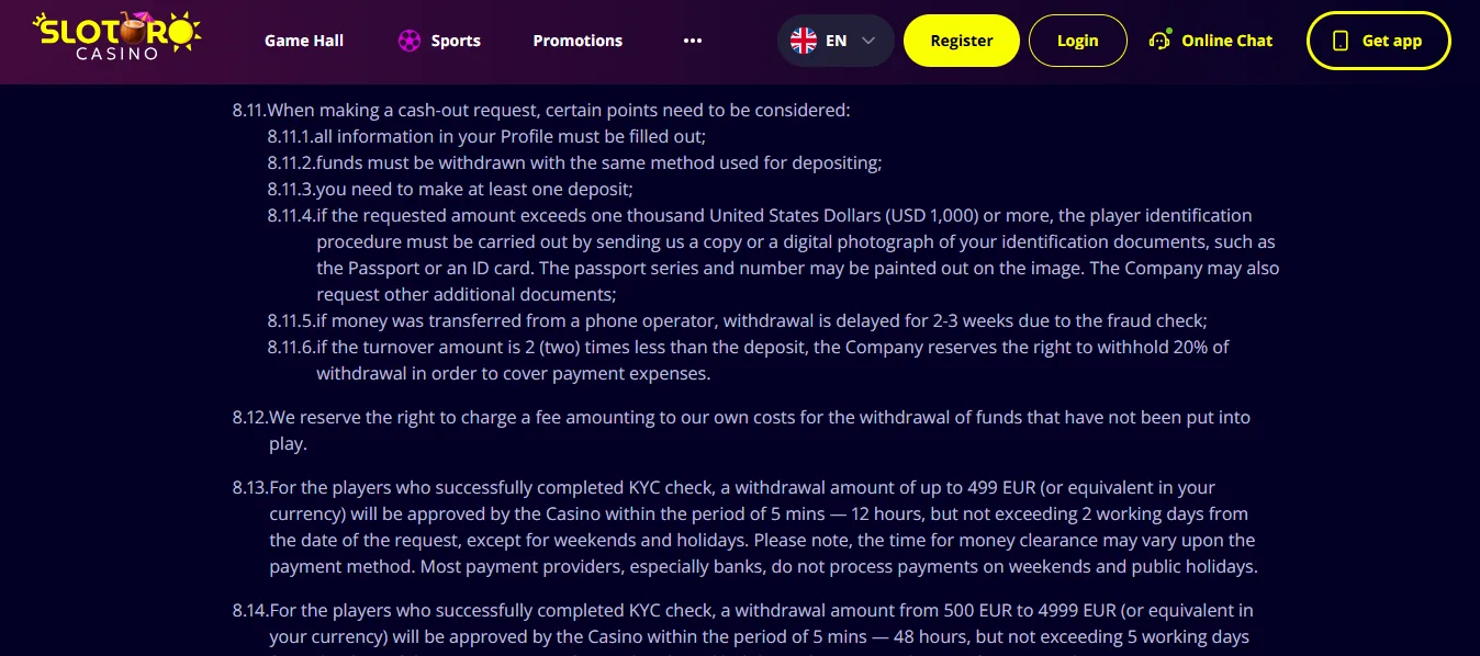 Screenshot of Slotoro's withdrawal section and limits