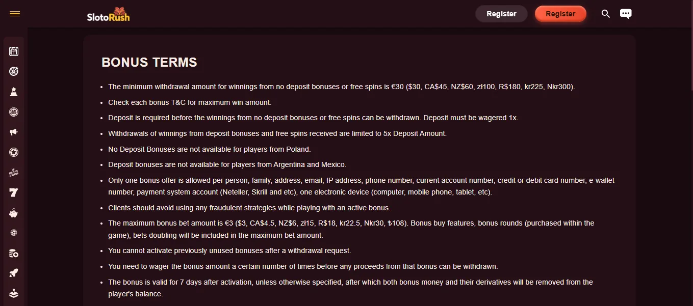 Screenshot of SlotoRush's bonus terms and wagering requirements