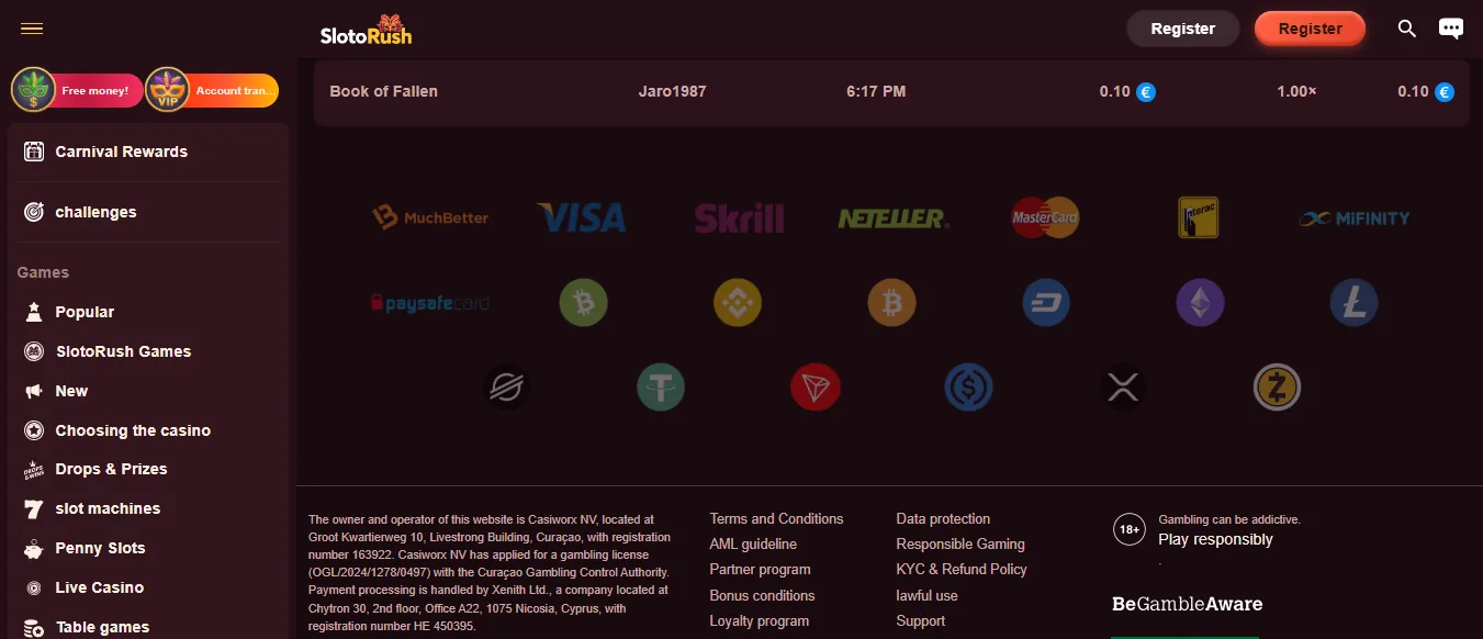 Screenshot of SlotoRush's cashier and payment methods