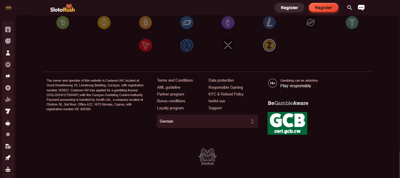Screenshot of SlotoRush's footer licence and regulator details