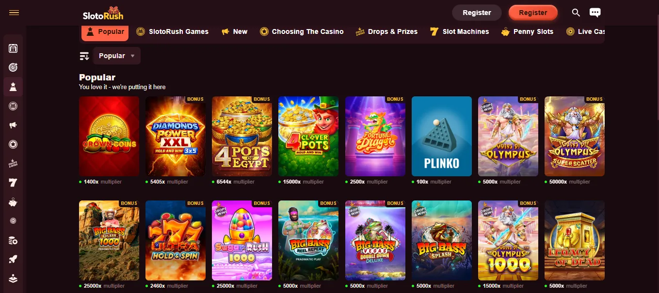 Screenshot of SlotoRush's games lobby