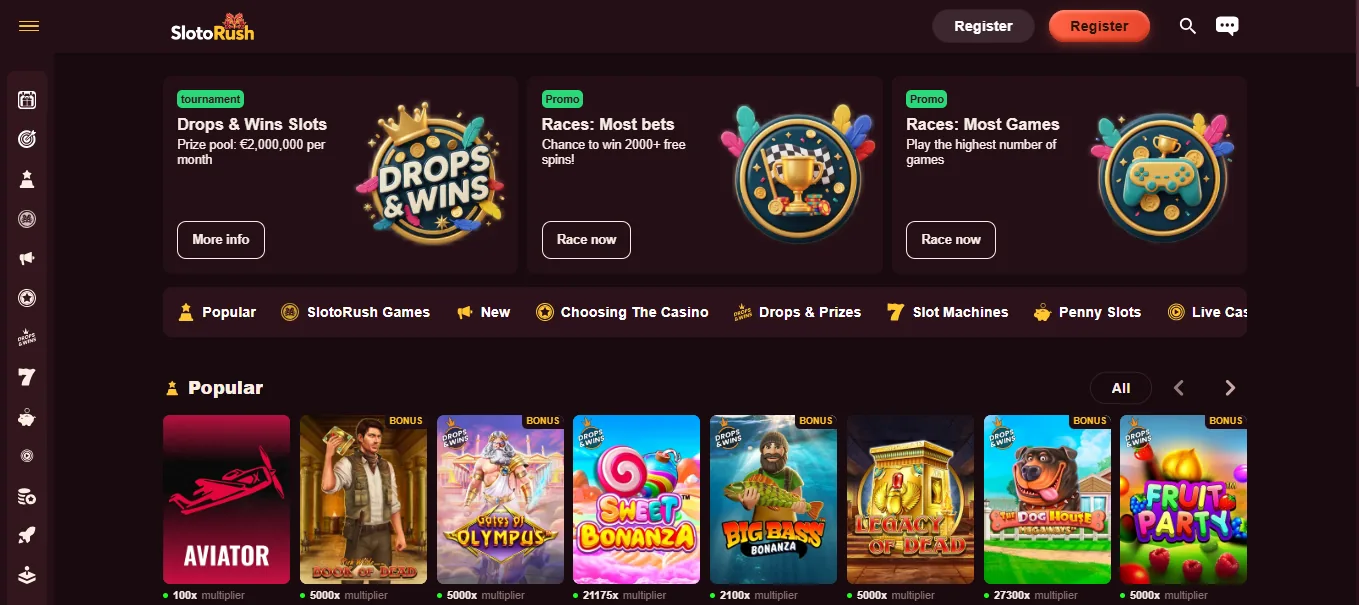 Screenshot of SlotoRush's homepage