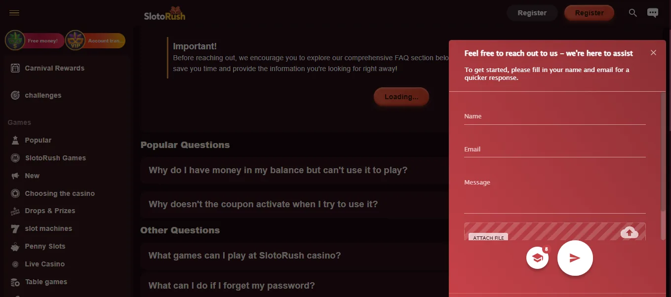 Screenshot of SlotoRush's live chat support window