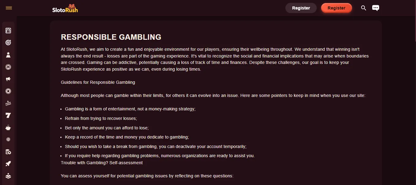 Screenshot of SlotoRush's responsible-gambling tools