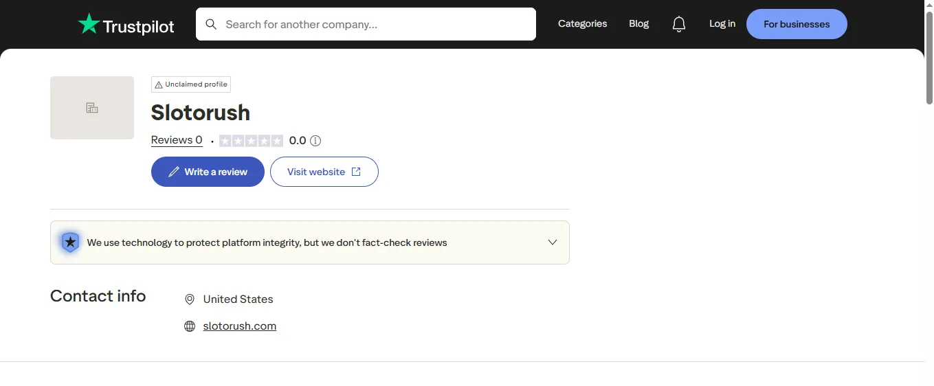 Screenshot of SlotoRush's Trustpilot rating overview