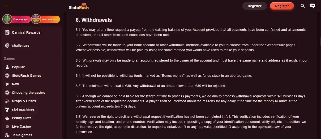 Screenshot of SlotoRush's withdrawal section and limits