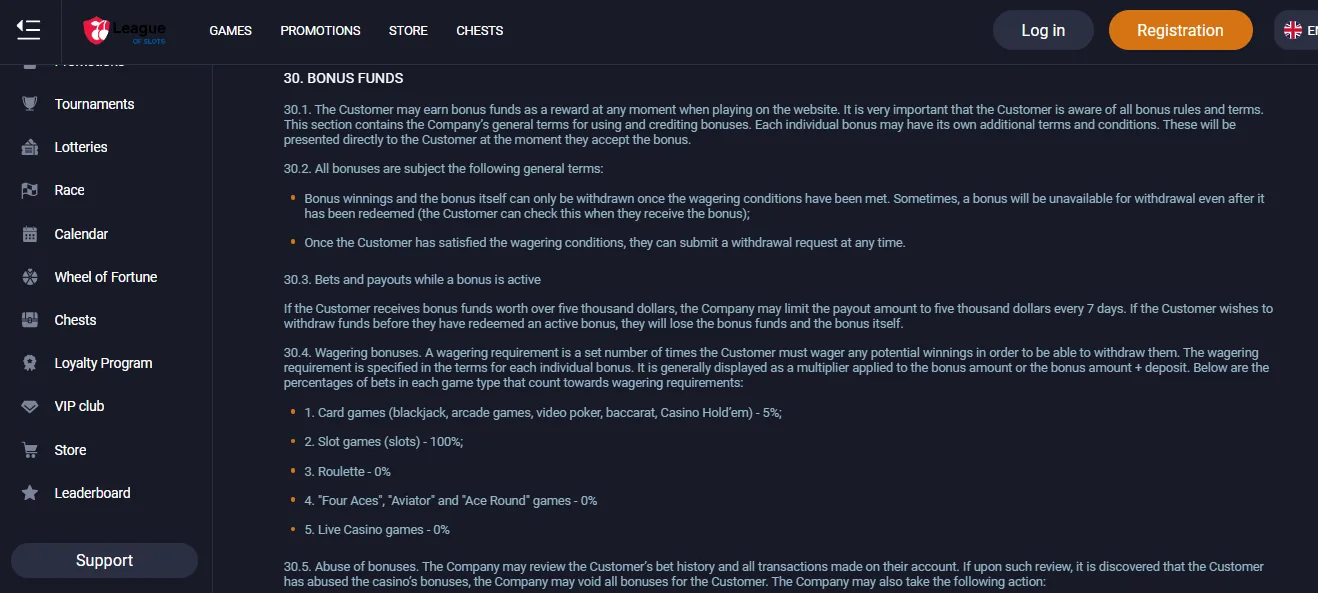 Screenshot of League of Slots's bonus terms and wagering requirements