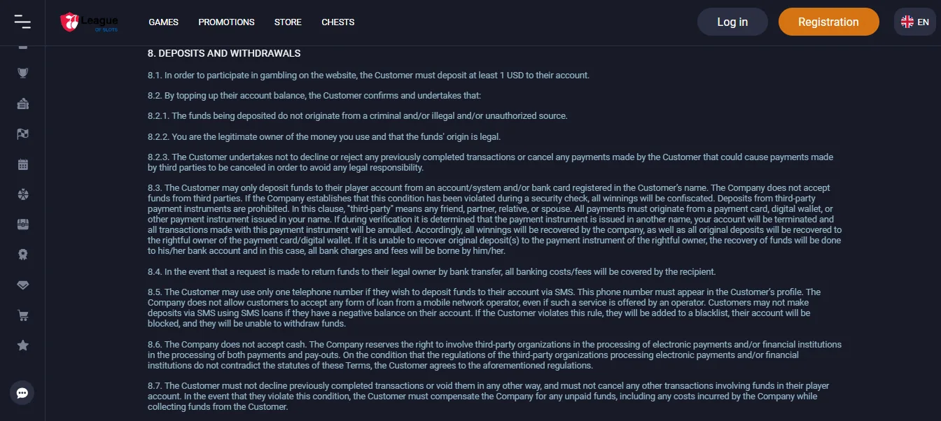 Screenshot of League of Slots's cashier and payment methods