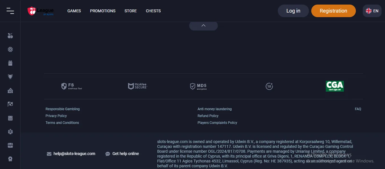Screenshot of League of Slots's footer licence and regulator details