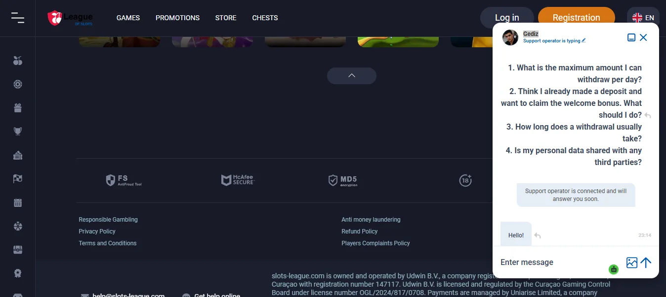 Screenshot of League of Slots's live chat support window