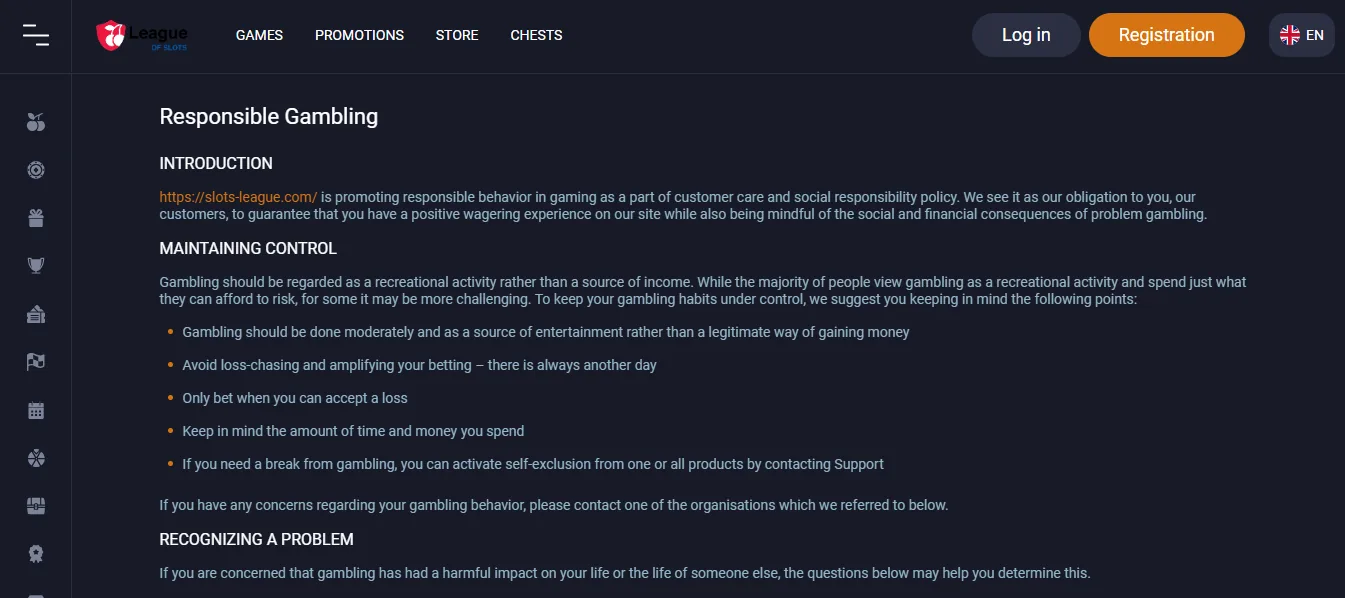 Screenshot of League of Slots's responsible-gambling tools