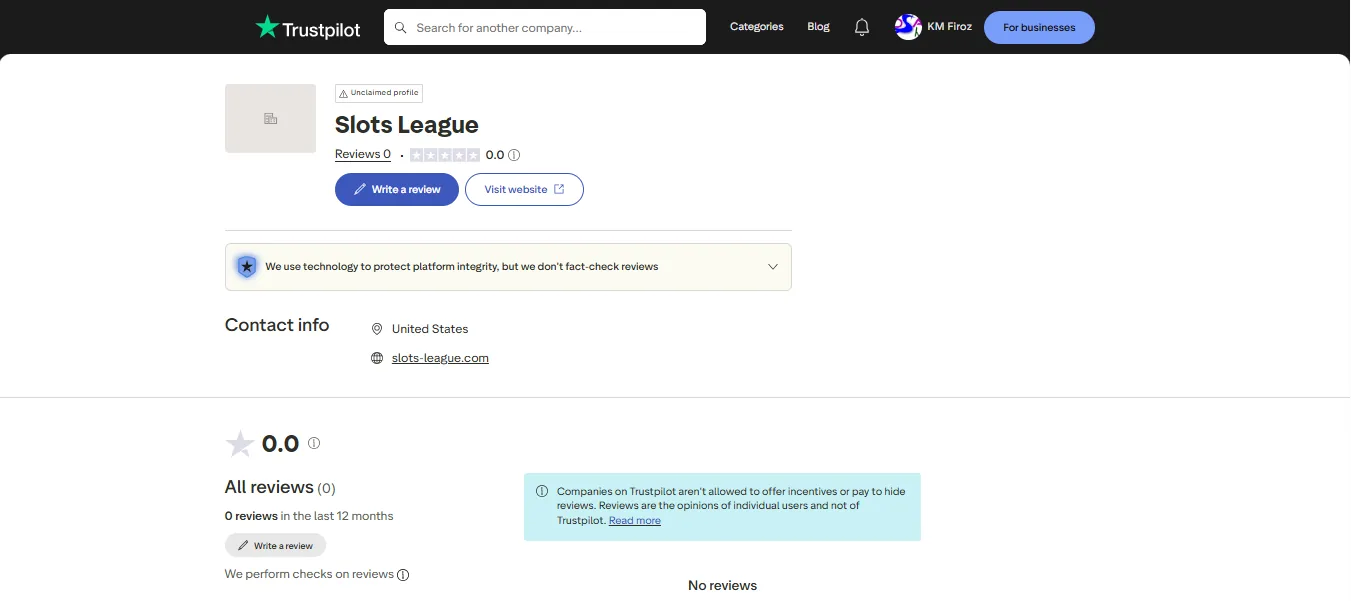Screenshot of League of Slots's Trustpilot rating overview