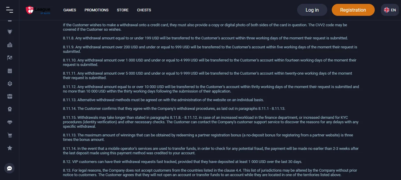 Screenshot of League of Slots's withdrawal section and limits