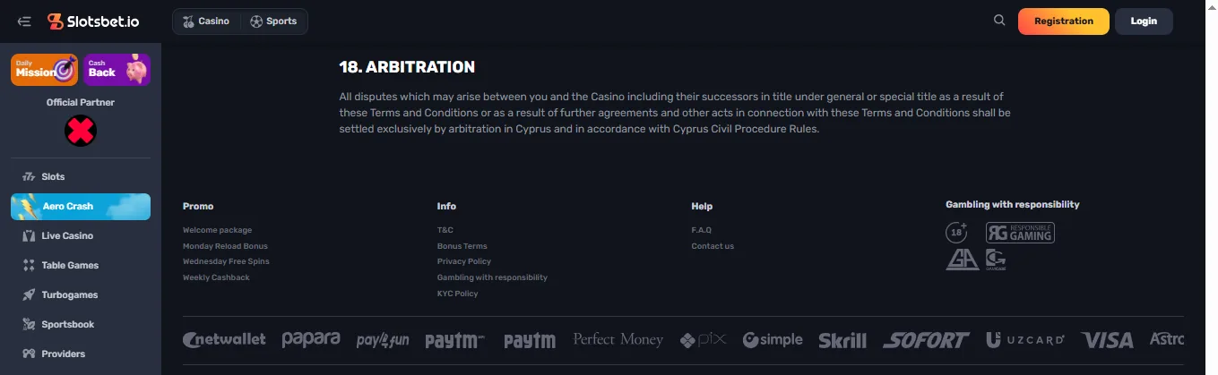 Screenshot of SlotsBet's cashier and payment methods