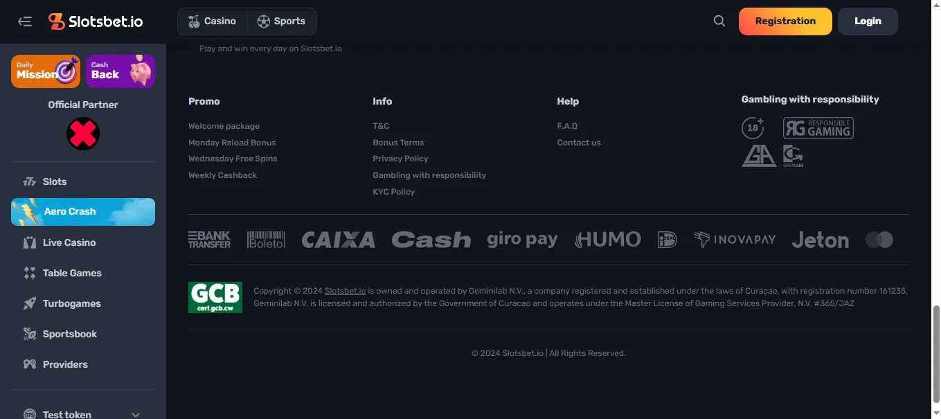 Screenshot of SlotsBet's footer licence and regulator details