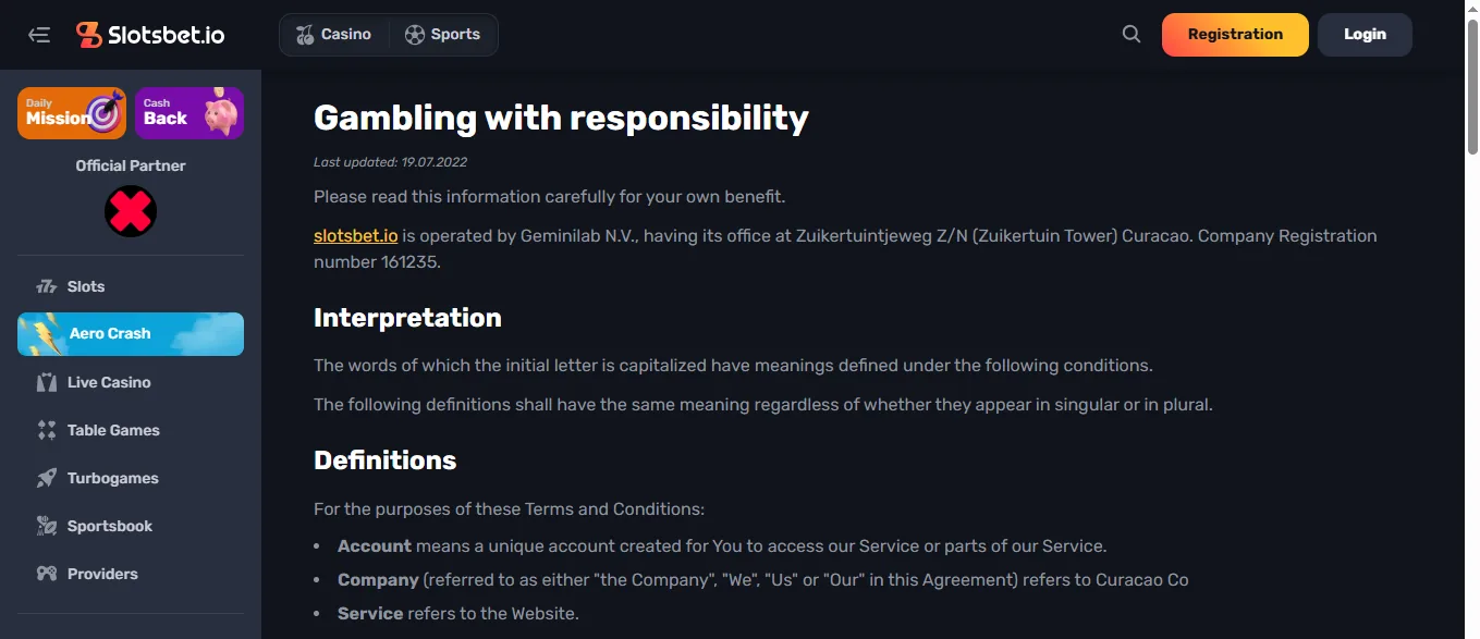 Screenshot of SlotsBet's responsible-gambling tools