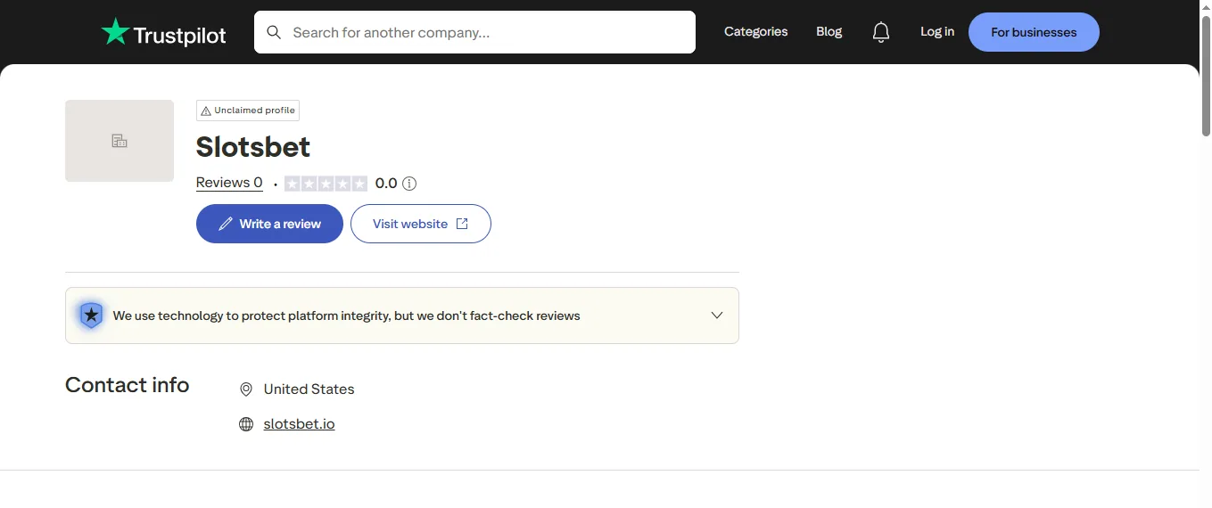 Screenshot of SlotsBet's Trustpilot rating overview