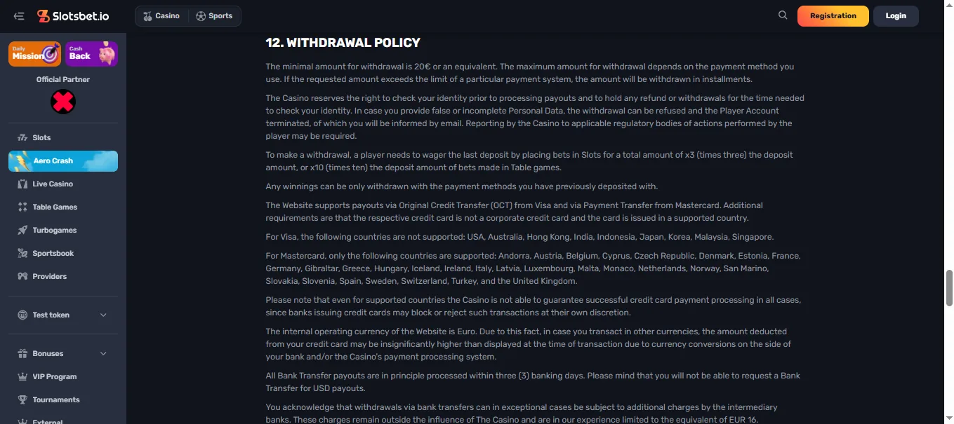 Screenshot of SlotsBet's withdrawal section and limits