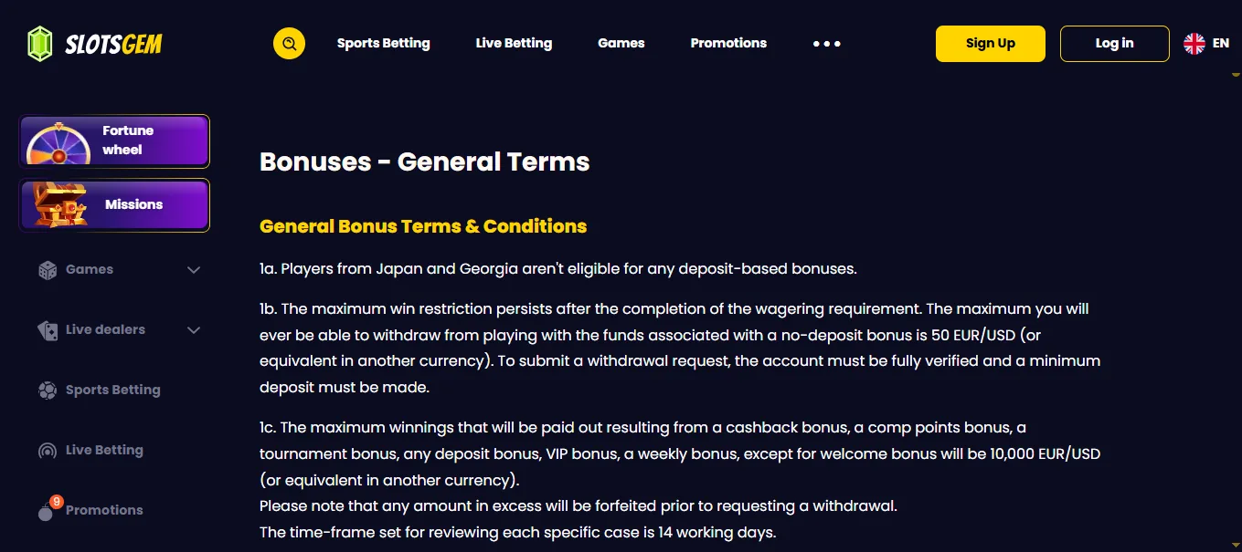 Screenshot of SlotsGem's bonus terms and wagering requirements