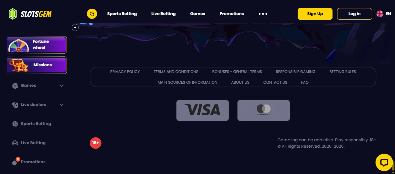 Screenshot of SlotsGem's cashier and payment methods