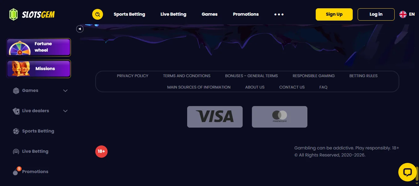Screenshot of SlotsGem's footer licence and regulator details