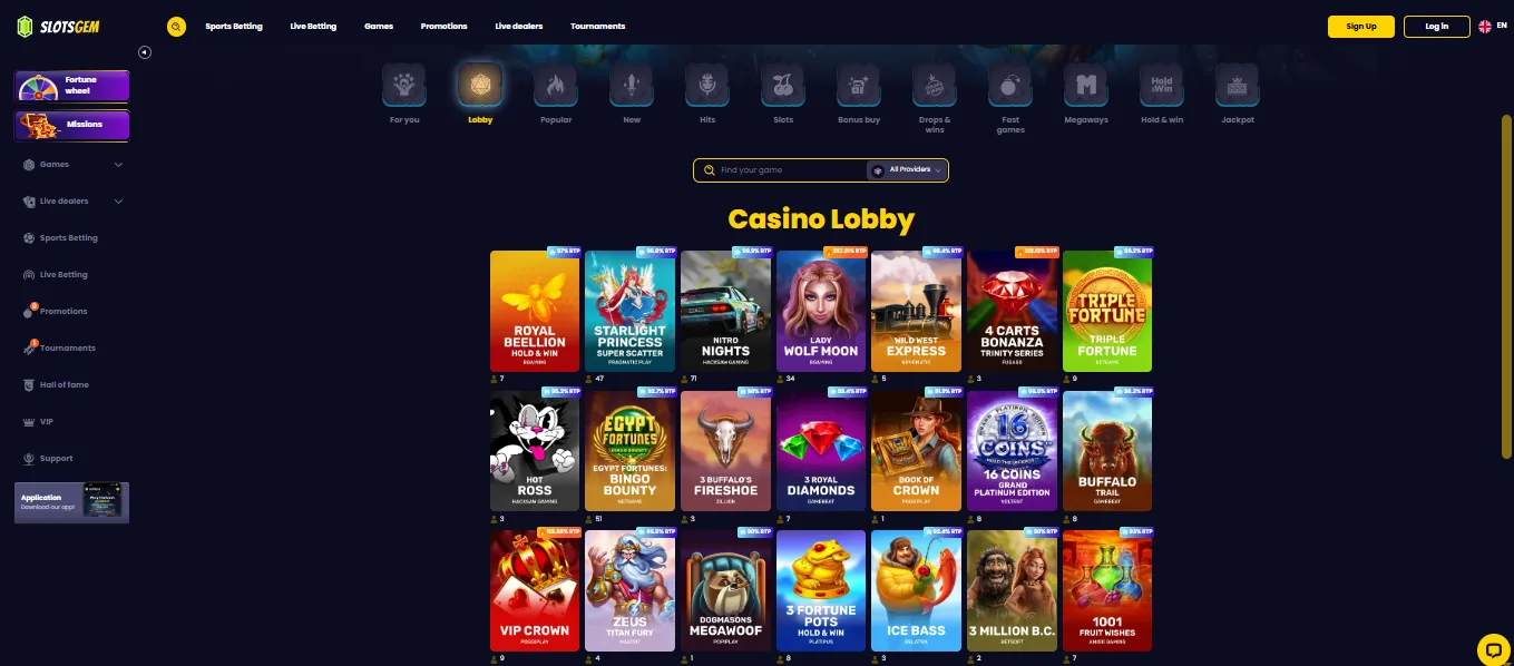 Screenshot of SlotsGem's games lobby