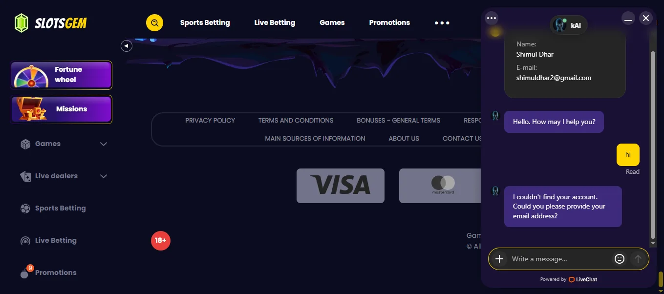 Screenshot of SlotsGem's live chat support window