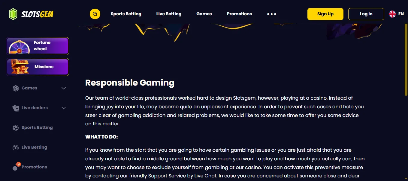 Screenshot of SlotsGem's responsible-gambling tools