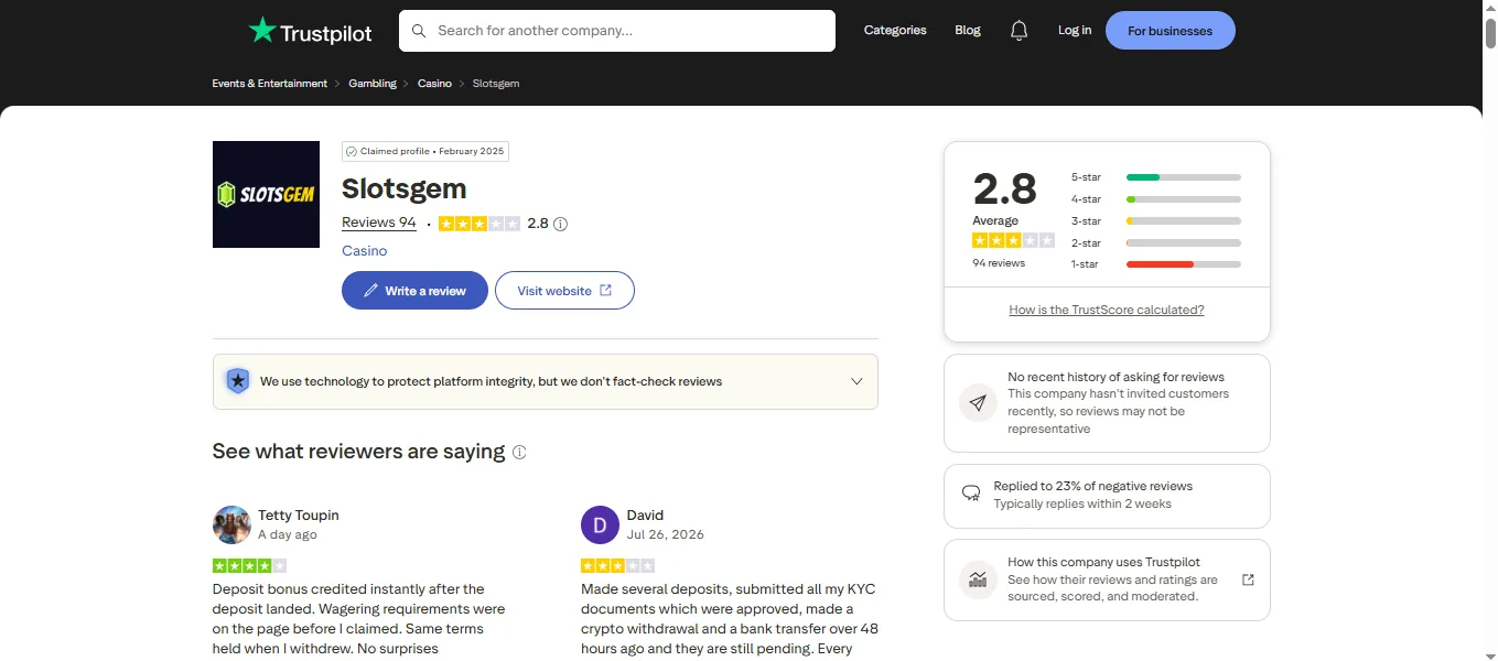 Screenshot of SlotsGem's Trustpilot rating overview