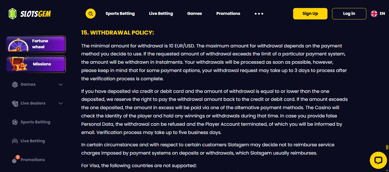 Screenshot of SlotsGem's withdrawal section and limits
