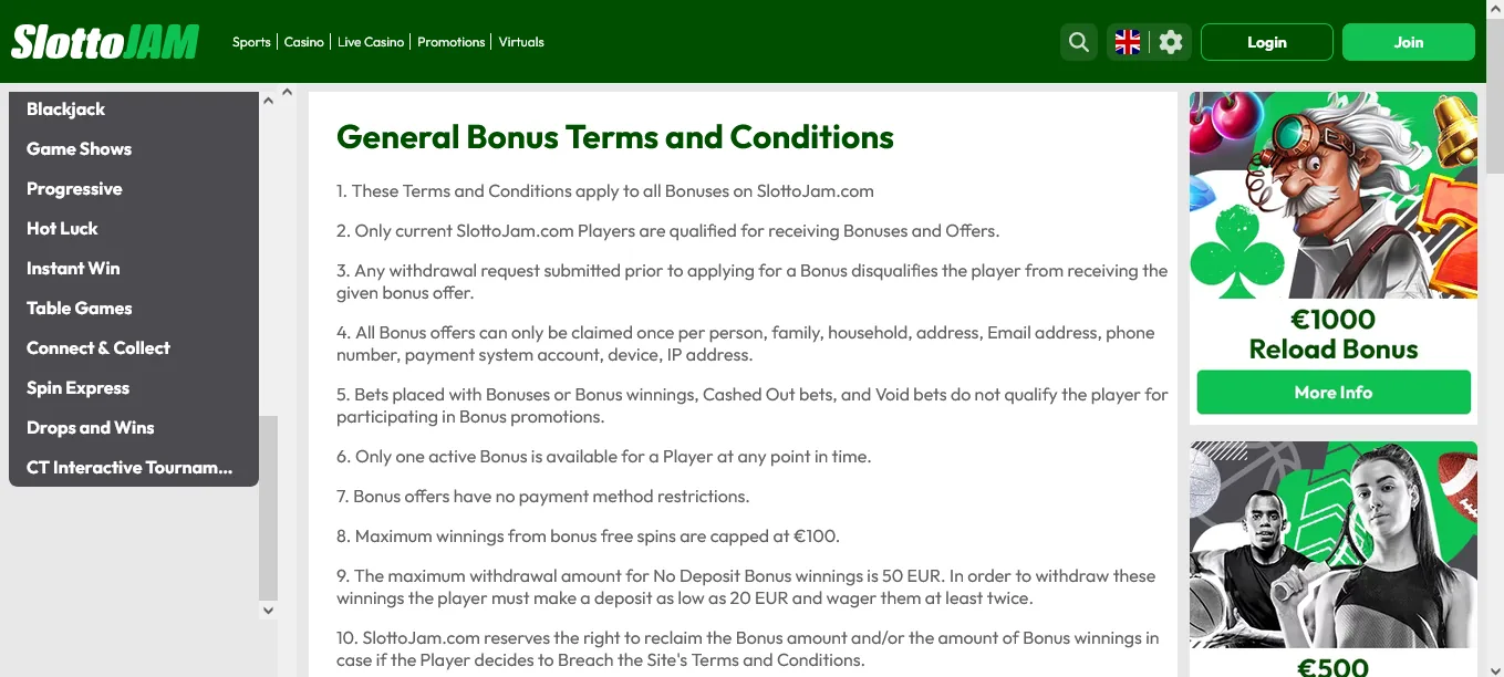 Screenshot of SlottoJAM's bonus terms and wagering requirements