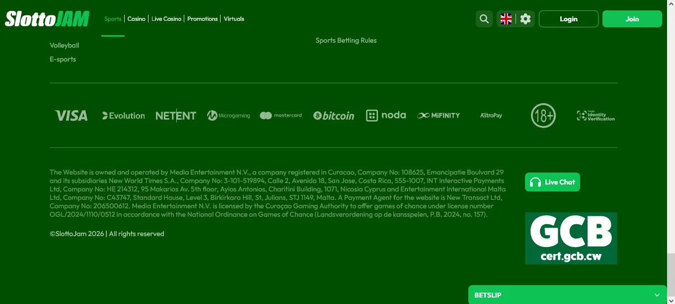 Screenshot of SlottoJAM's footer licence and regulator details