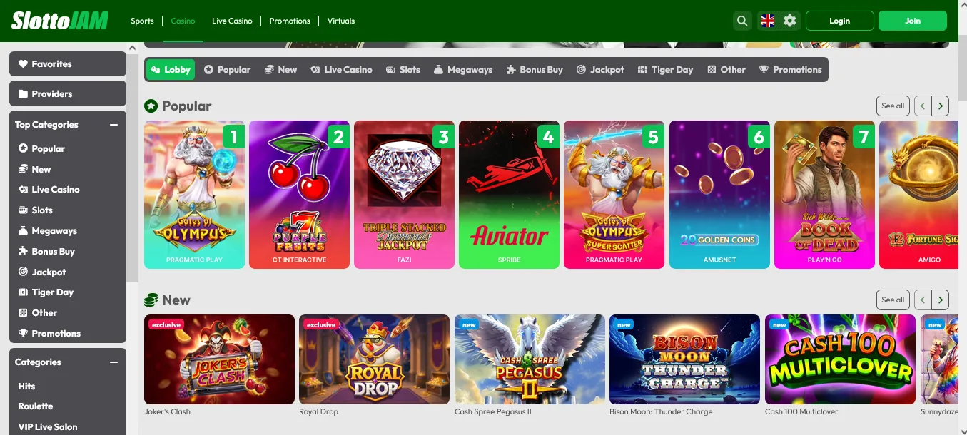 Screenshot of SlottoJAM's games lobby